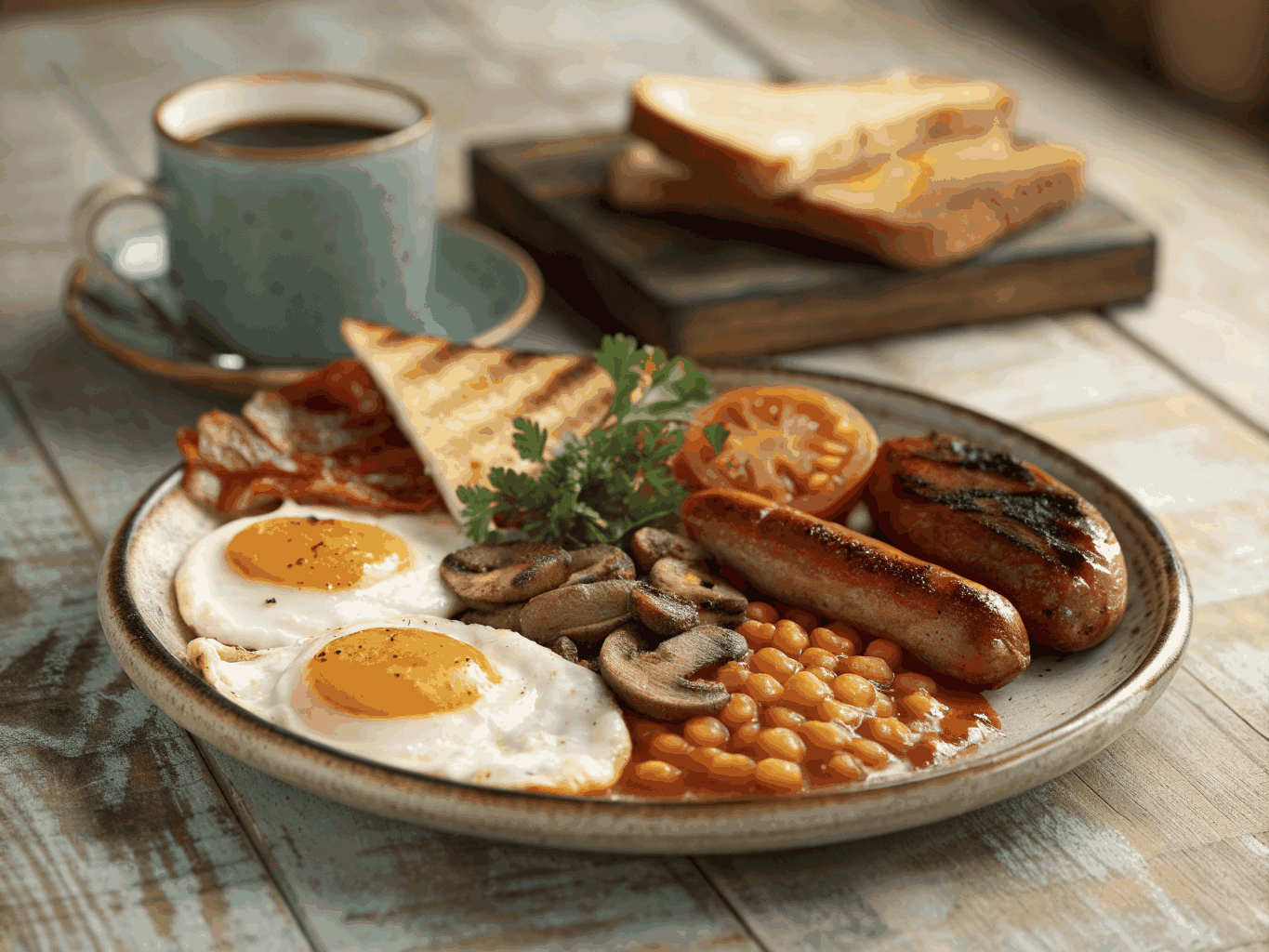 Sizzling full Irish breakfast spread with traditional pork sausages and puddings